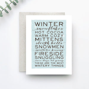 A list of favorite winter activities is hand-lettered in brown in various text styles and set against a background of light icy blue 